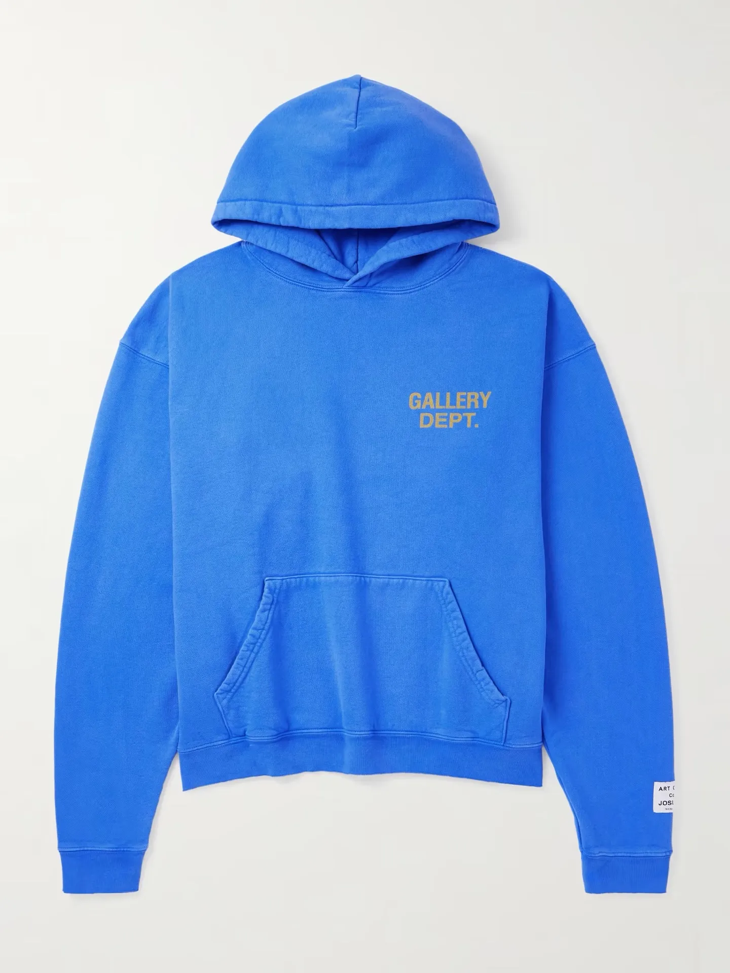 GALLERY DEPT. 90'S GD LOGO HOODIE/BLU 90's retro destroyed royal blue English hoodie Royal Blue S-XL Needs custom weaving and dyeing 500g high weight sweatshirt fabric Light fleece treatment on the inside Overall wide and comfortable Loose version Trendy and fashionable Same as the original version Washed and distressed printing Original consistent hang tag With G LOGO hanging beads/yellow triangle warning sign